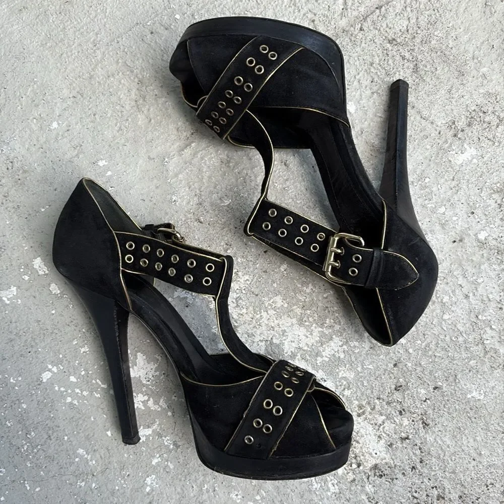 Fendi T strap suede platforms with gold grommets